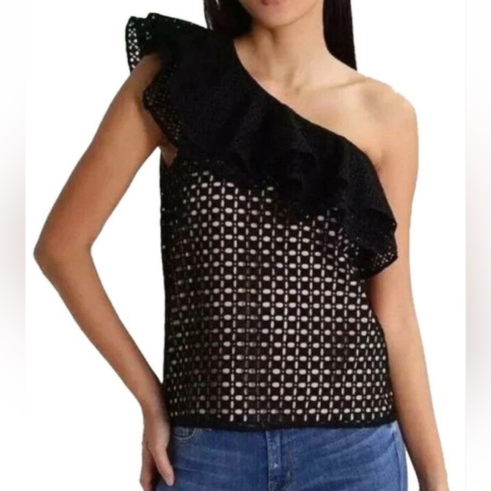 J. Crew One Shoulder Black Eyelet Ruffle Blouse